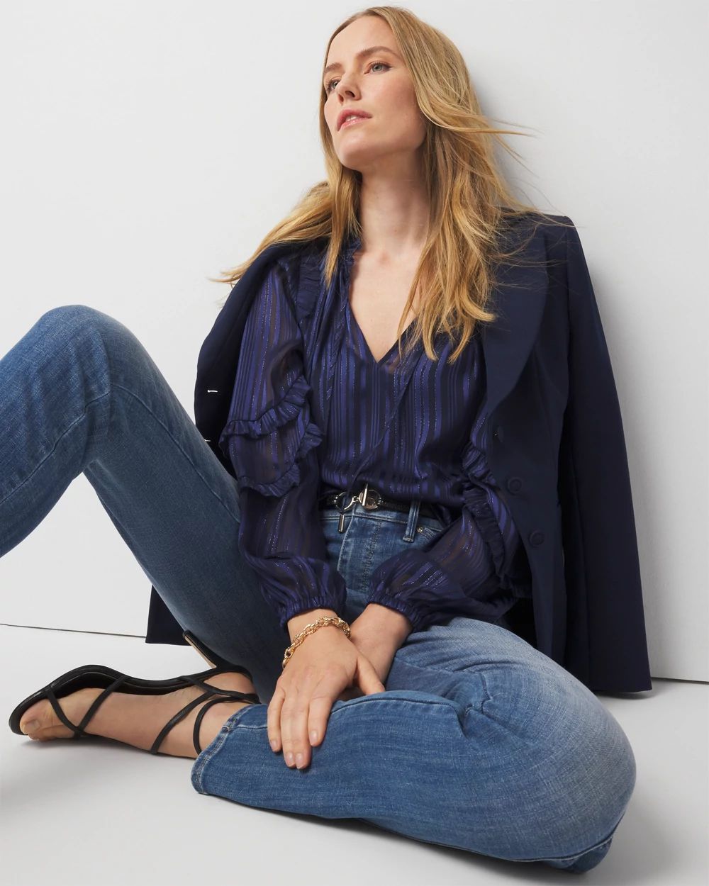 Ruffle Sleeve Sheer Striped Blouse | White House Black Market